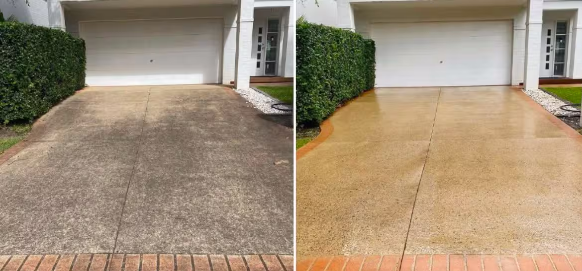 Before and after driveway pressure cleaning in front of a home