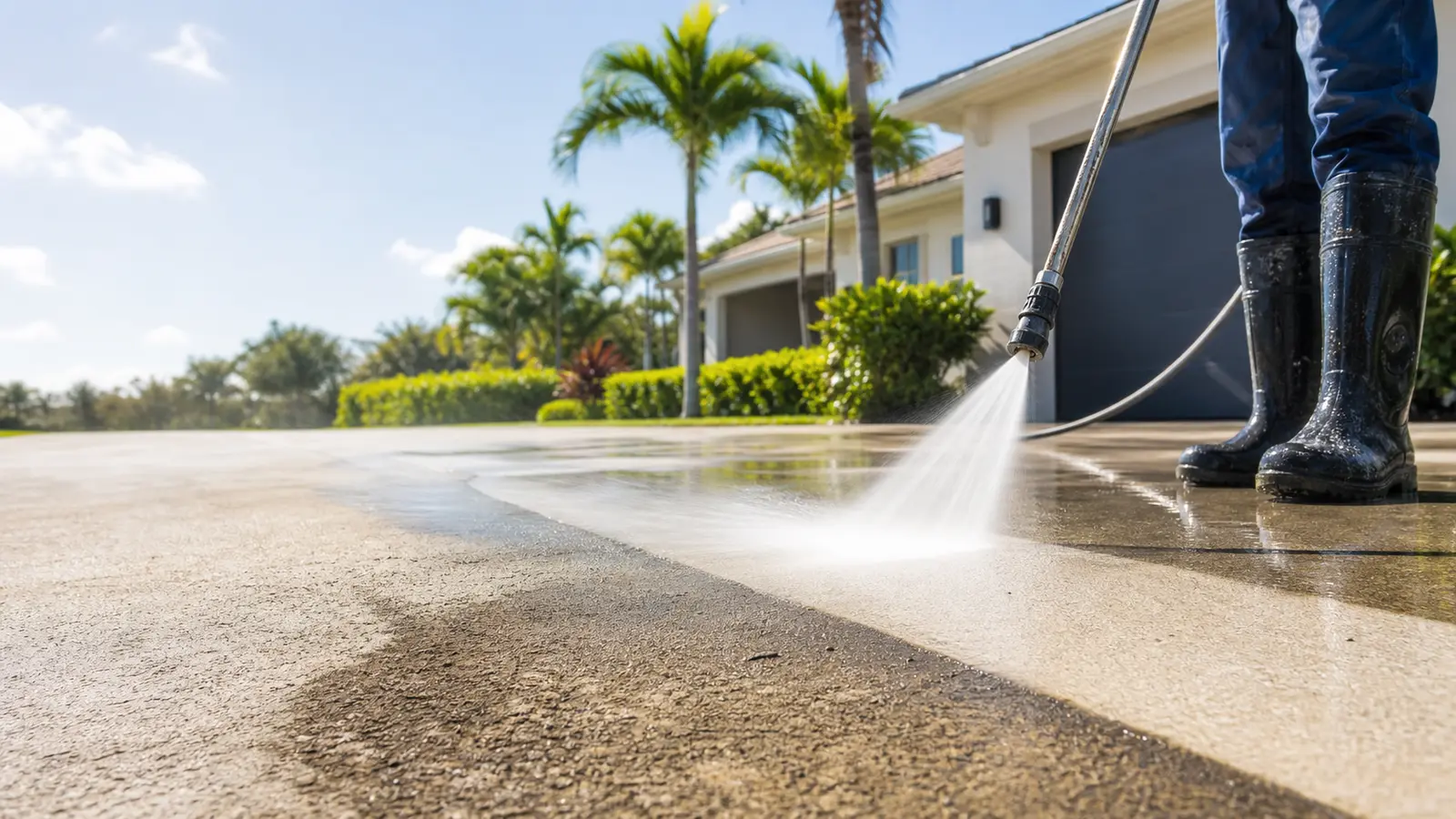 Professional pressure washing cleaning a concrete driveway in South Florida